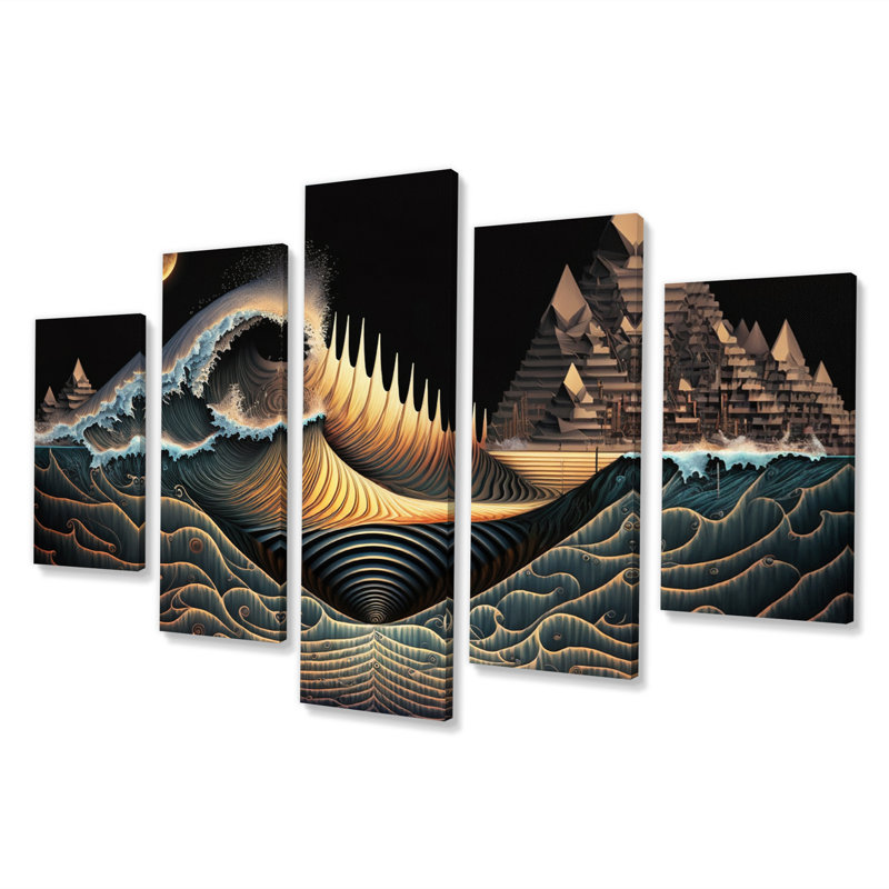  «Abstract Seascape Of Soundwaves In Retro Blue - Art abstrait sur toile, 5 panneaux