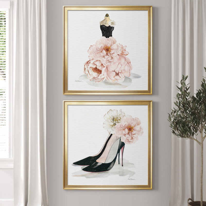 «Floral Gown» - ensemble de 2 reproductions d'art, Toile encadrée dorée, Pas de tapis, H 17,5 po x l 35 po x P 1,5 po