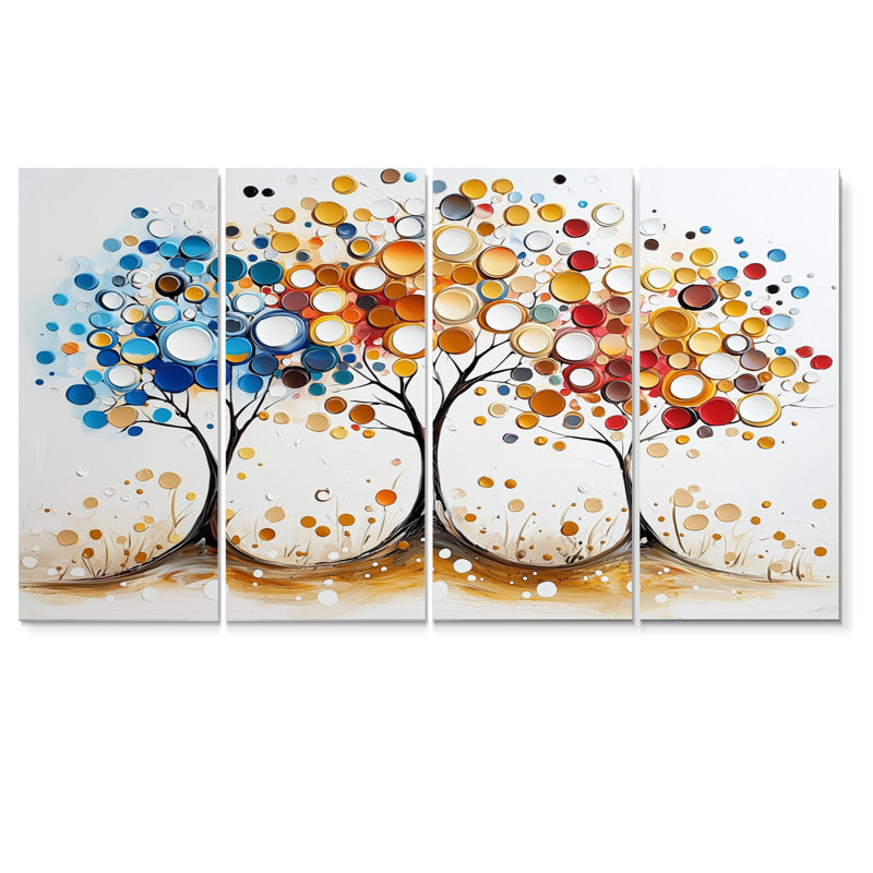 Automne orange et bleu, arbre, saisons, reflets III - ensemble abstrait d'art mural Mid-Century, H 32 po x l 64 po