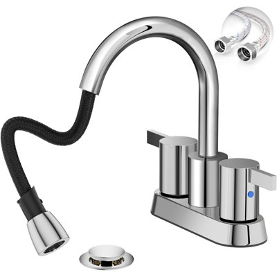 Robinet de salle de bain extractible avec bec rétractable de 4 po, robinet de salle de bain escamotable à 3 trous, avec bec pivotant à 360 °, bonde escamotable en métal et conduites d'alimentation en eau