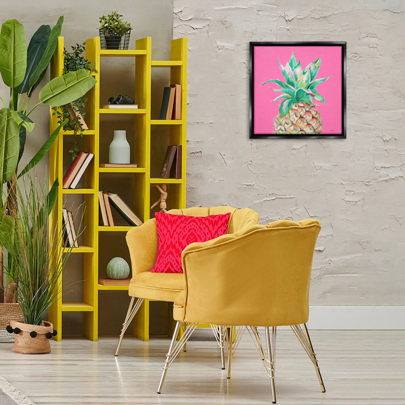 Ananas sur toile encadrée flottante rose par Patricia Pinto, Cadre flottant noir de jais, H 18 po x l 18 po