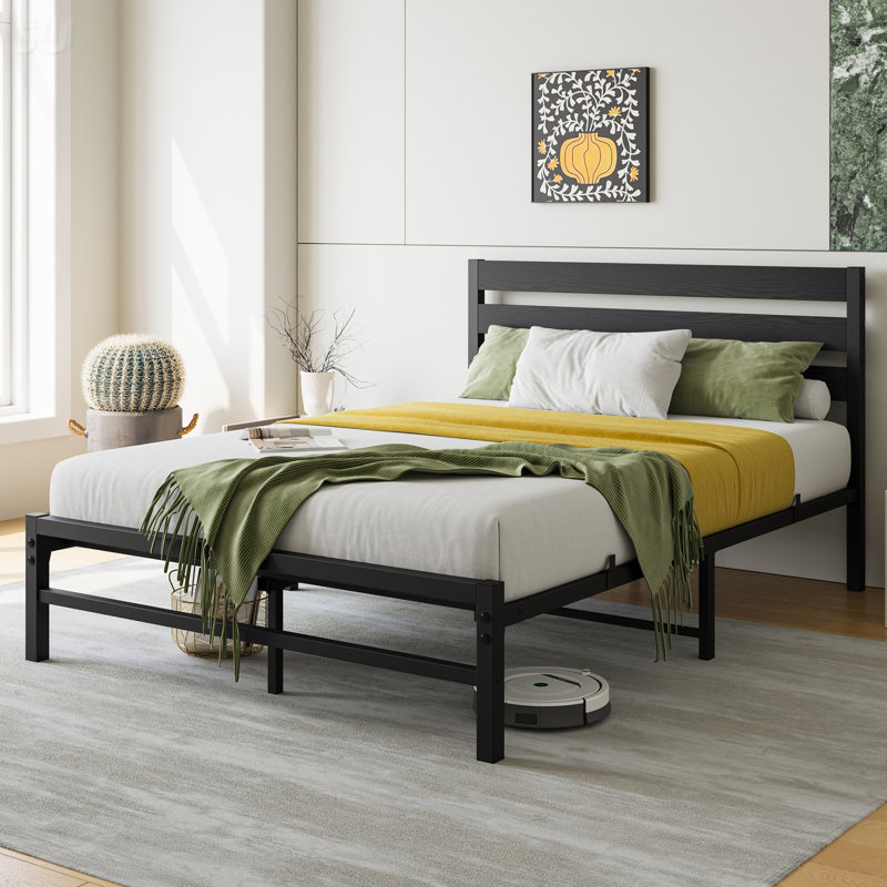 Structure de lit plateforme avec tête de lit en bois rustique rétro, aucun sommier nécessaire, Double, Noir