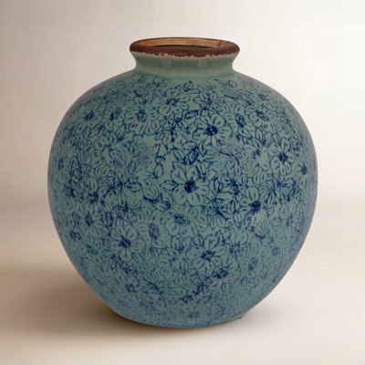 Dolohov Round Terracotta Vase with Transferware Pattern