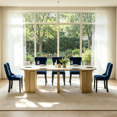 Ensemble de table de salle à manger extensible de 47 à 118 po avec base de rangement, plateau de table ovale extensible, coin sécuritaire, 6 à 10 sièges, chaises rembourrées en velours, ensemble de table de cuisine rectangulaire moderne en bois pour la salle à manger