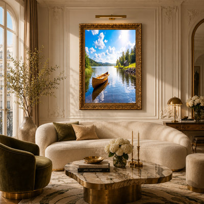 Toile en bois sur un lac calme avec des arbres verts et un hangar à bateaux
