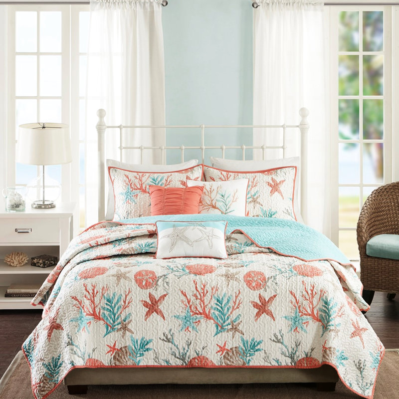 Courtepointe en coton 6 pièces avec coussins décoratifs, taille corail double / grand, coquillages et coraux imprimés, tissu en mélange doux, vermicelle, bord de mer, lavable en machine double / grand, literie brodée Starfish