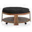 Rond avec capitonnage à boutons profonds, revêtement en lin et tablette inférieure ouverte, bois massif, finition contemporaine de ton naturel gris foncé, revêtement en lin, tablette capitonnée pour l'ameublement-733763472
