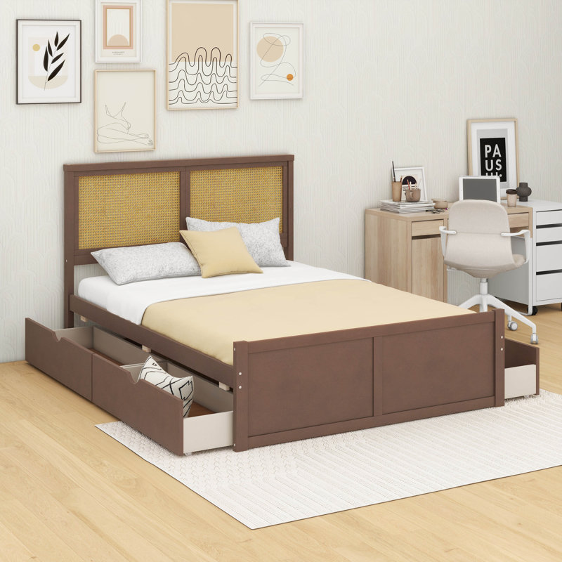 Lit plateforme en bois avec 4 tiroirs de rangement intégrés, Double, Espresso
