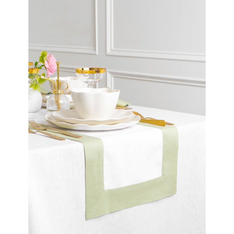 Contempo - 100% Pure Linen Table Runner, 48" x 14", Sage Green/White