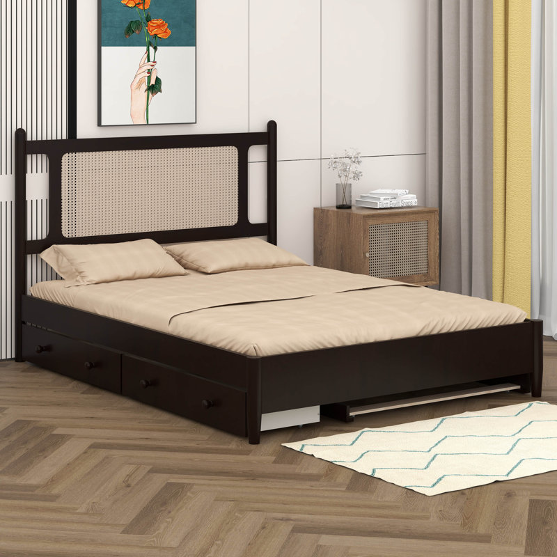 Grand lit plateforme en rotin avec 2 grands tiroirs et lit gigogne simple, Espresso