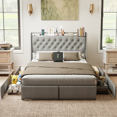 Metal Platform Bed Frame - Grey, Storage Headboard with RGB LED & Charging Station