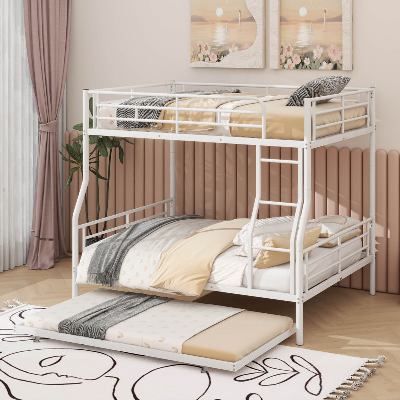 Metal Bunk Bed with Trundle, White, Full XL Over Queen