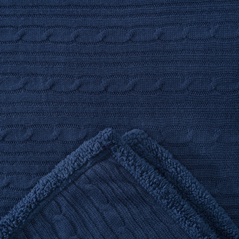 Navy Blue Cable Knit and Sherpa Reversible Throw Blanket 50" x 65"
