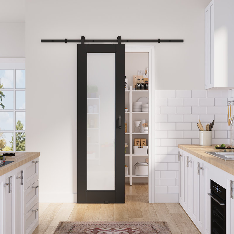 24in.x 80in.1 Lite Black Door Slab Prefinished Surface With All Barn Door Hardware Kit, 24in.x 80in.