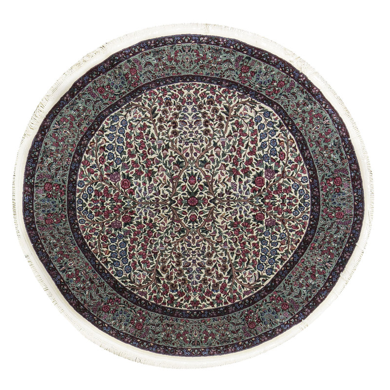 Hand-Knotted High-Quality Ivory and Green Round Area Rug