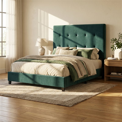 Structure de lit grand avec tête de lit tapissier capitonnée, nécessite un sommier, lit plateforme moderne minimaliste, beige