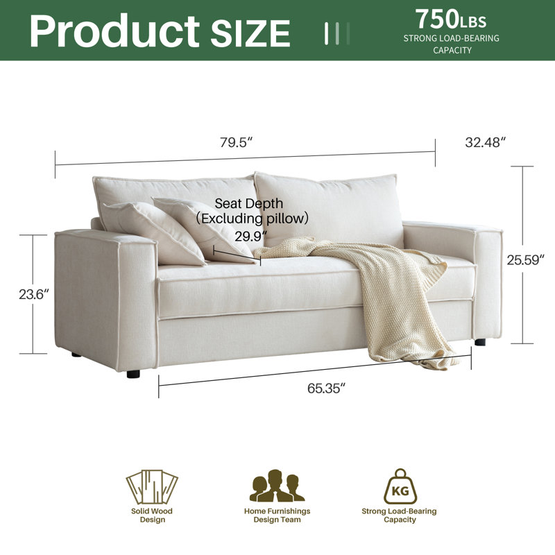 Ebern Designs Alcantara 3-Seater 79.5'' Modern Upholstered Sofa with Square Armrests and 2 Throw Pillows & Reviews - Wayfair Canada