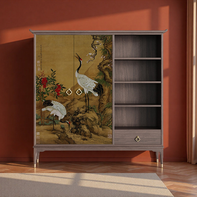 Buffet vintage haut de gamme de style chinois, Noyer, H 63 po x l 63 po x P 15,7 po