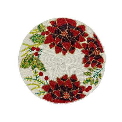 Poinsettia & Holly Embroidered Placemat in Multi, Set of 2