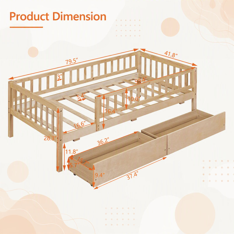 Lit de jour polyvalent et confortable en bois de pin de qualité supérieure avec deux tiroirs pratiques pour des espaces compacts