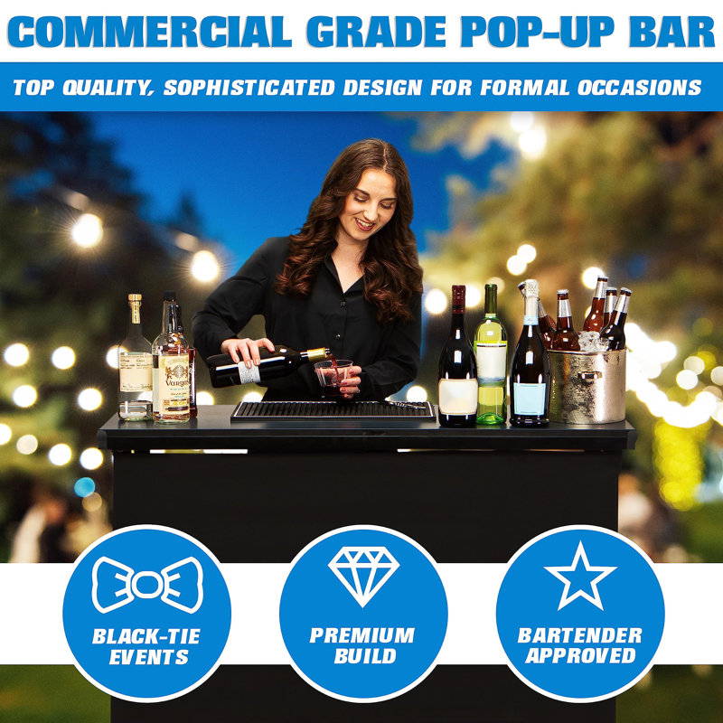 Commercial Grade Portable Bar Table - Mobile Bartender Station For Events - Includes Black Skirt And Carry Case - Standard Or LED, 45 X 18 X 38