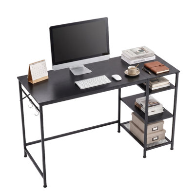 Reversible Computer Desk with Storage Shelves, 47.2" Home Office Writing Table - 2-Tier Wood Shelf + Iron Mesh Shelf, Waterproof Mark-Resistant Top