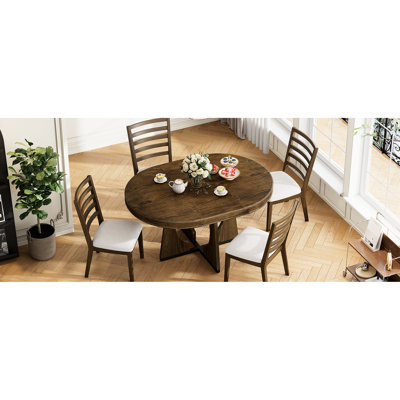 Retro 5 - Piece Dining With Extendable Round Table And Four Luxury Upholstered Chairs, 16" Leaf Expansion, Walnut Shade For Entertaining Style An Expa