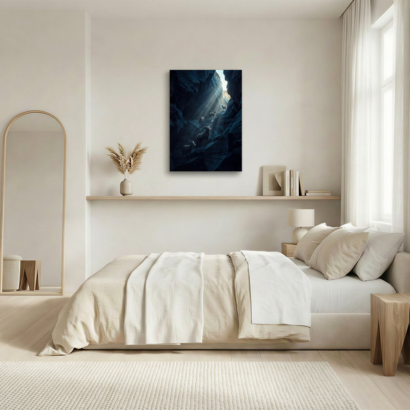 Mouflon d'Amérique dans un canyon bleu profond baigné de rayons de soleil - Tableau sur toile, H 48 po x l 32 po