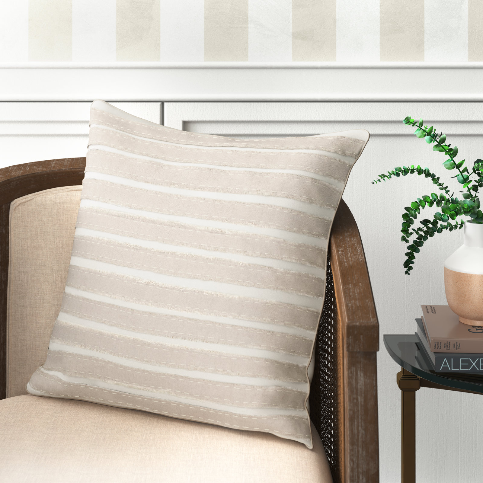 Lorena Striped Linen Throw Pillow, 22" H x 22" W x 4" D, Ivory, Polyester