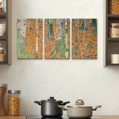 Ensemble de 3 panneaux muraux - Gustav Klimt «The Birch Wood», art mural sur toile pour le salon, la chambre à coucher ou le bureau 