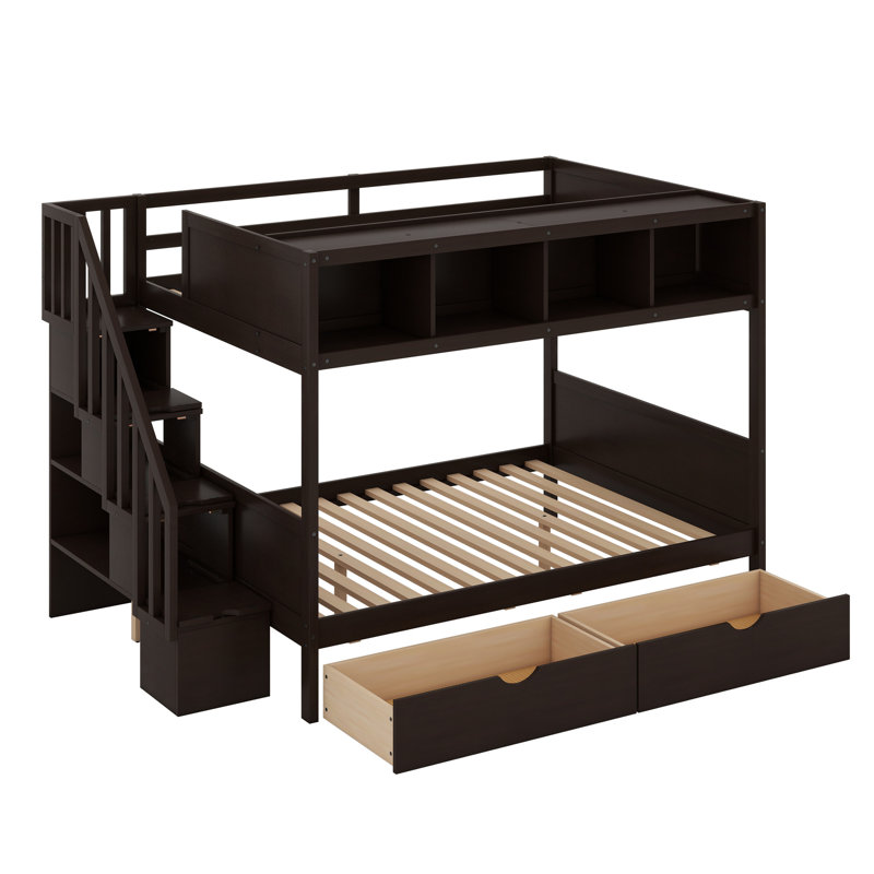 Lit superposé avec tablettes, escalier de rangement et 2 tiroirs, Noir