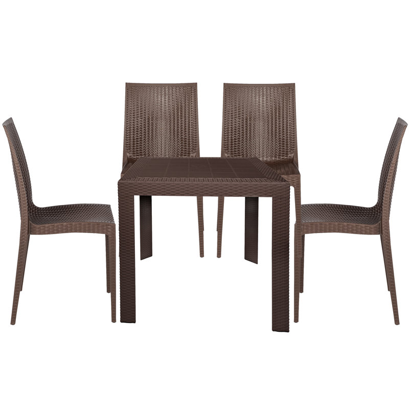 5-Piece Outdoor Dining Set with Square Dining Table and 2 Dining Side Chairs Weave Design, Brown, Brown
