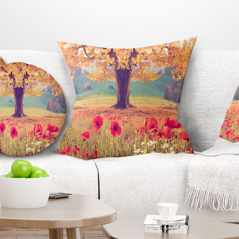 Paysage avec coquelicots - Coussin imprimé paysage, 16 po x 1 po, Coussin décoratif