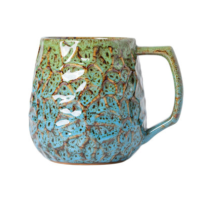 Tasse à café 18 oz en céramique à texture unique martelée avec poignée ergonomique, allant au four à micro-ondes et au lave-vaisselle (vert-bleu) 18 oz Unique