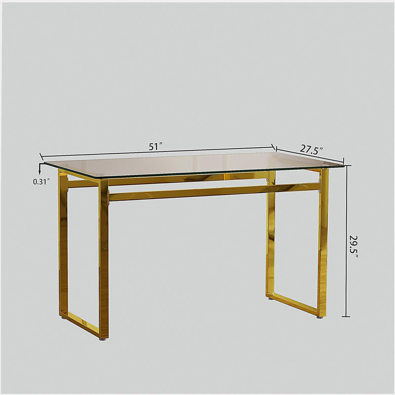 Table de salle à manger de 51 pouces de style rectangulaire minimaliste moderne en verre, pouvant accueillir 4 à 6 personnes, plateau en verre trempé de 0,31 pouce et pieds en métal chromé doré
