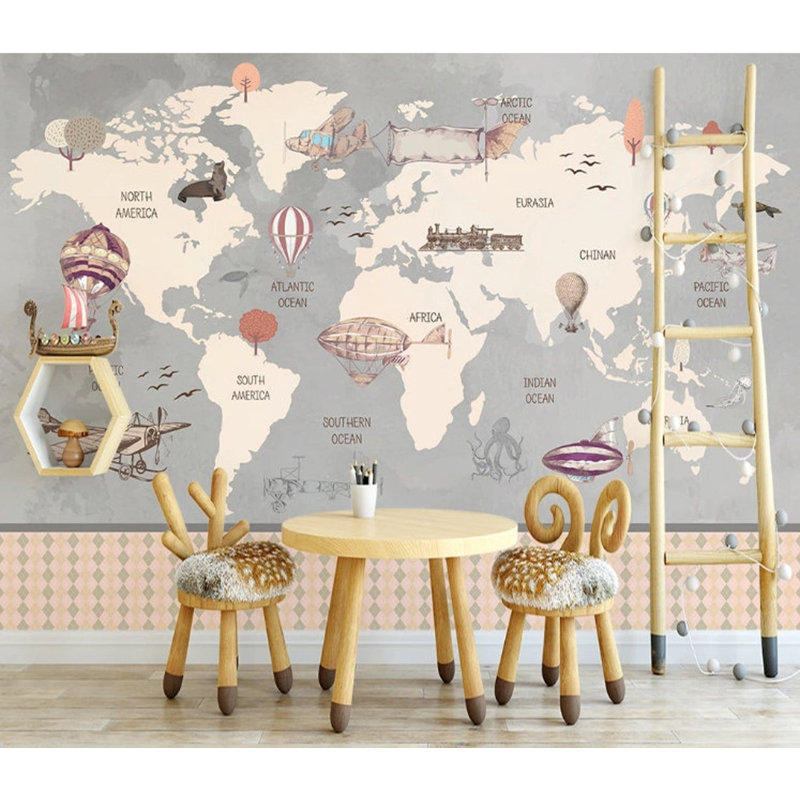 Papier peint amovible gris avec carte du monde moderne, L 9 po x l 15 po