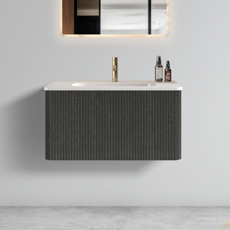 Meuble-lavabo flottant rayé 30 po avec lavabo en céramique blanc, 30", Noir