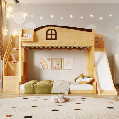 Lit superposé avec escalier de rangement, tablette, glissade et garde-robe, conception peu encombrante pour chambre d'enfant