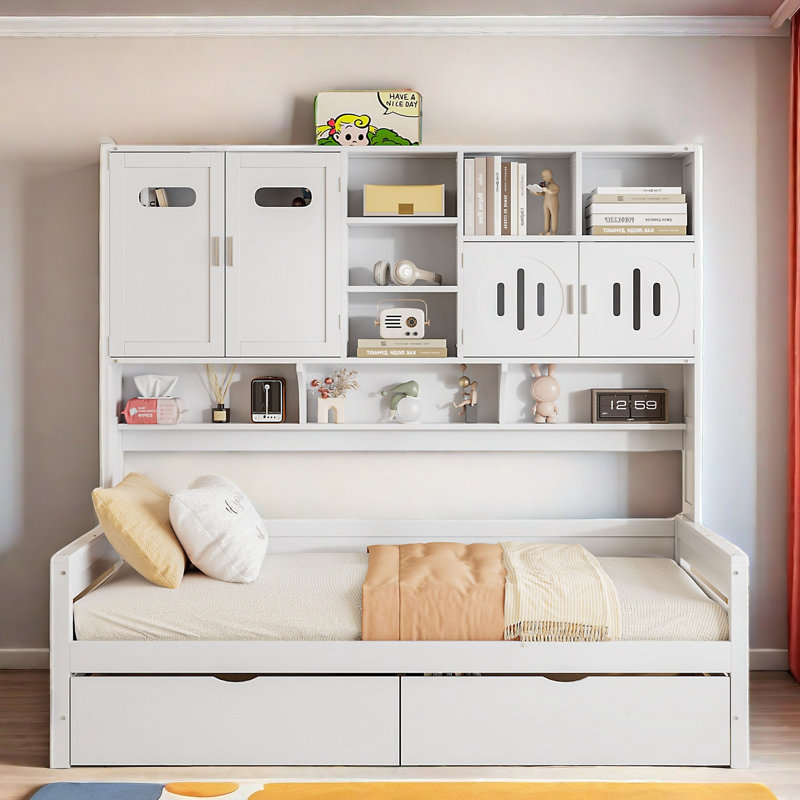 Lit de jour tout-en-un en bois avec 2 tiroirs, armoires et tablettes, Simple, Blanc / Blanc