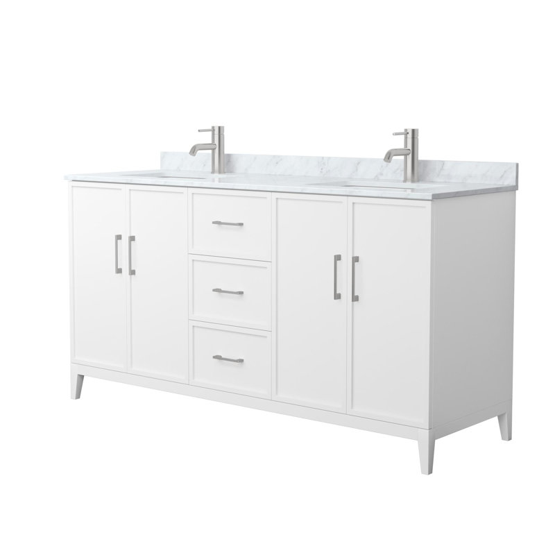 Elan Double Bathroom Vanity with Marble Top, White, Brushed Nickel, 66"