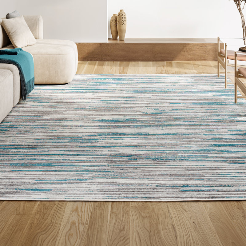 Oritz Abstract Linear Stripe Gray/Blue Rug, Rectangle 5'3" x 8'