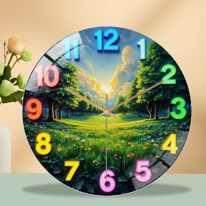 Horloge murale colorée avec art de paysage naturel - horloge murale moderne en verre 12 po