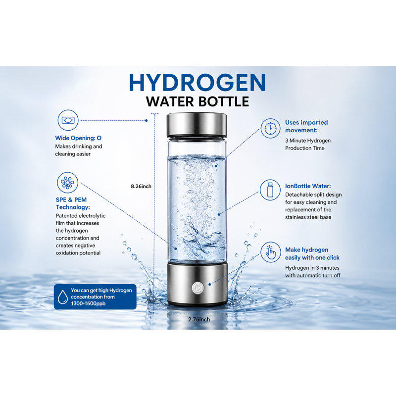 Générateur de bouteilles d’eau à hydrogéno, ioniseur d’eau portable en verre rechargeable de 420 ml / 14,2 oz avec technologie Speed / PEM pour la maison, le bureau, les voyages et la remise en forme