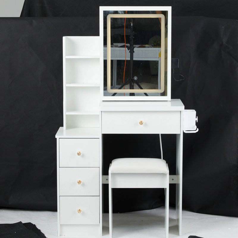 Petit meuble-lavabo de 29,2 po avec tabouret de chevet gauche, centrale électrique 2 AC + 2 USB, support pour sèche-cheveux, très grand miroir coulissant à commande tactile, interrupteur tricolore