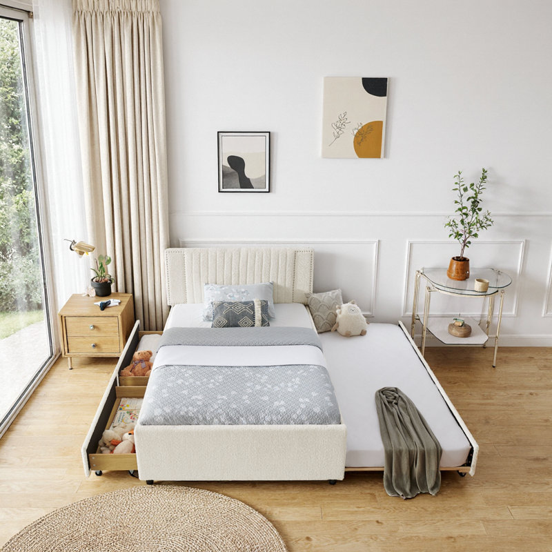 Lit de jour UNANI rembourré avec couchette et tiroirs de rangement, tissu chenille, Queen, Beige