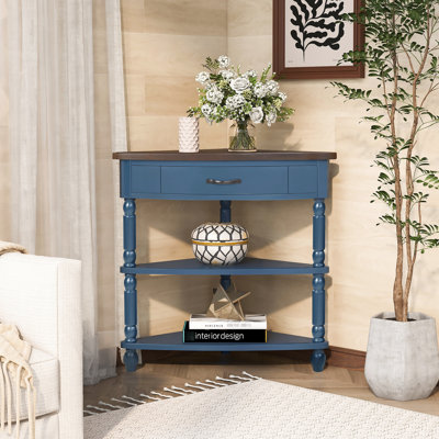 Petite table de coin triangulaire de 33,8 po avec 3 pieds en bois massif, bleu marine et plateau, idéal pour les couloirs de chambre à coucher, assemblage rapide, espaces de sécurité aux bords arrondis, long, fini, coupes de rangement,