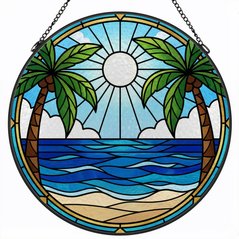 7.8"H Tropical Beach Stained Glass Window Panel, 7.8" H x 7.8" W