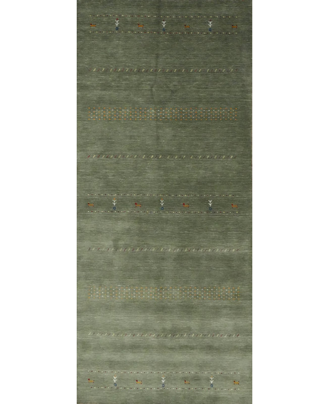 Elegant Green Gabbeh Style Area Rug 5x12 with Subtle Pattern
