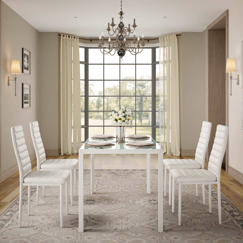 Latoyta Modern 5-Piece Rectangular Glass Top Dining Set with Cushioned Chairs, White