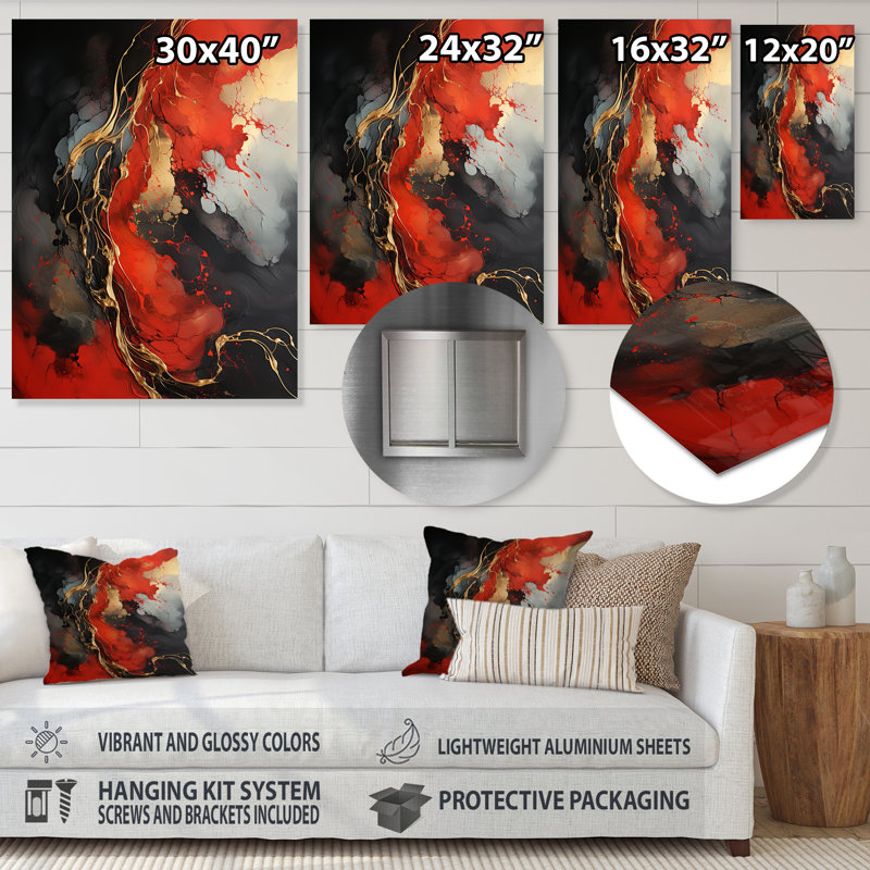 Rouge et rouge marbre volcan VI - Art mural abstrait en métal, H 32 po x l 24 po x P 1 po
